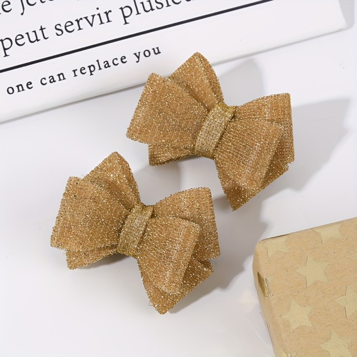 2pcs Sparkly Bow Hair Clips for Girls\u002FElegant Golden Color\u002FFashionable Hair Accessories\u002FSuitable for All Seasons Wear