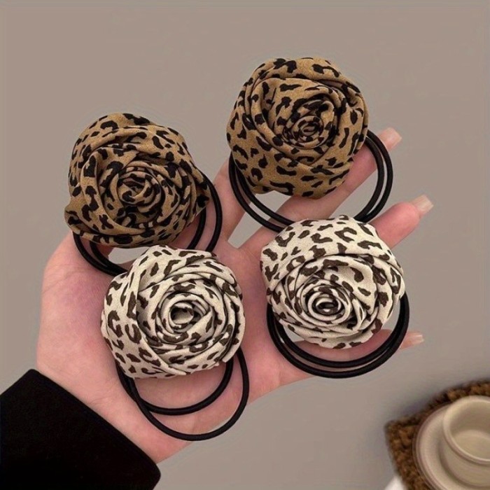 2pcs Leopard Print Rose Hair Ties - High-Elasticity Floral Pattern Headbands, Soft Stretch Hair Accessories for Women, Suitable for Casual and Formal Styling, Cute Hair Accessories, Fashionable Headbands, Comfortable to Wear, Durable Elastic