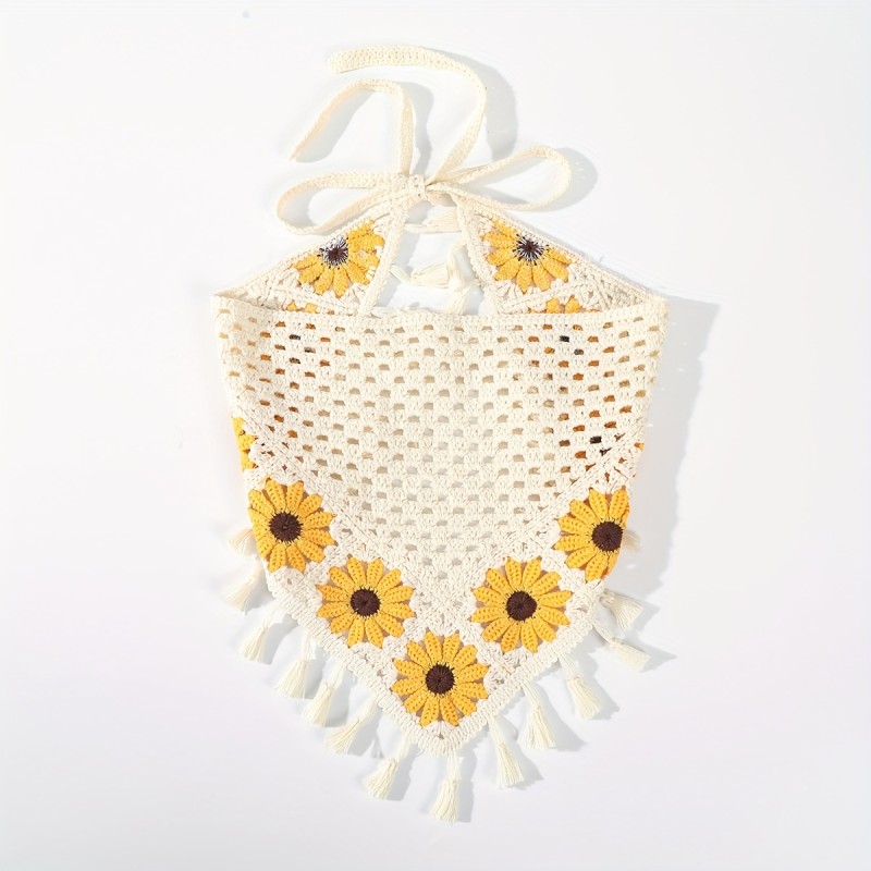 1pc of Women'S Beige Floral Knitted Lace Tassel Headband Suitable for Everyday Wear, Sports, And Beach Vacations.
