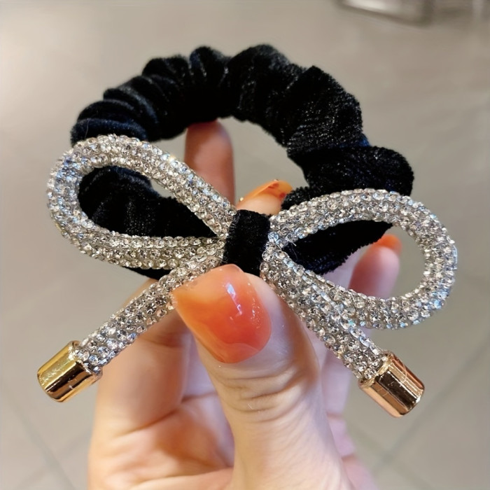 1pc of Fashionable Bow Super Flash Rhinestone Women'S Hair Tie Retro Velvet Versatile Hair Additions Hair Rope