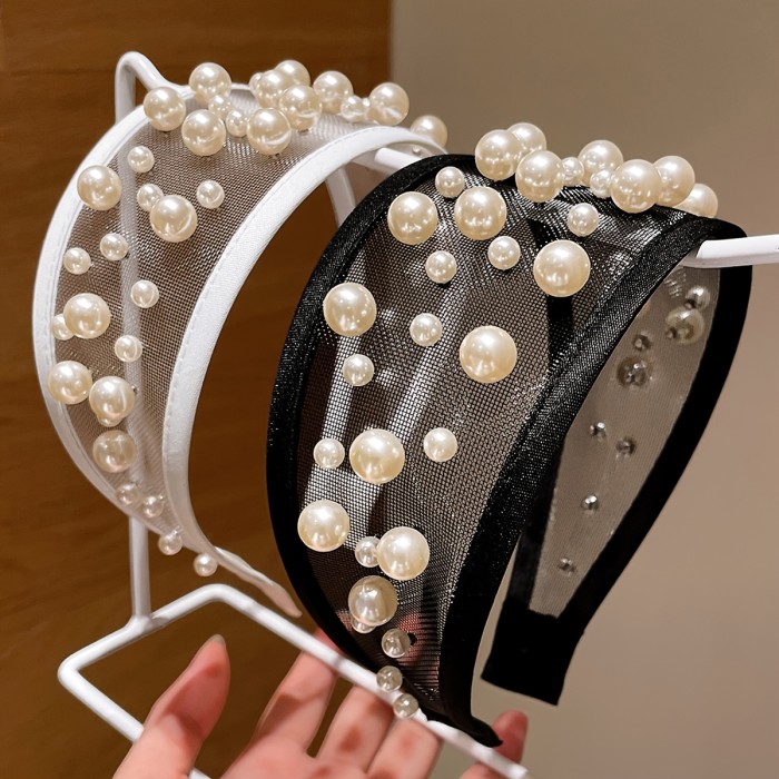Beaded Mesh Headband Women's Black Mesh Headband - 1pc New Cross-Border Beaded Wide-Brim Tulle Hairband Headpiece Hair Accessory