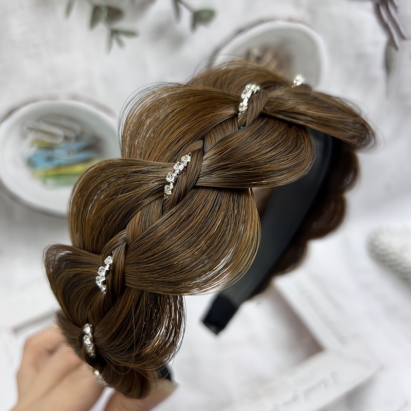 Rhinestone Fishbone Braids Hairband for Women, Non-Slip Elevating Headband, Fashionable Hair Accessory, High Cranial Top Holder, Trendy Hair Extension