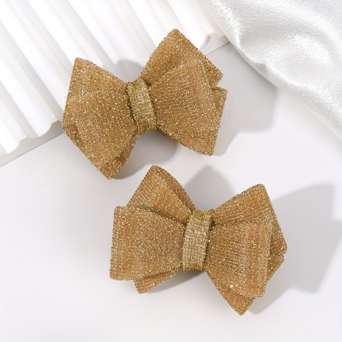 2pcs Sparkly Bow Hair Clips for Girls\u002FElegant Golden Color\u002FFashionable Hair Accessories\u002FSuitable for All Seasons Wear