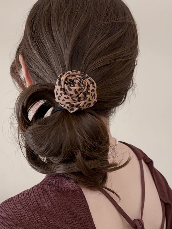 2pcs Leopard Print Rose Hair Ties - High-Elasticity Floral Pattern Headbands, Soft Stretch Hair Accessories for Women, Suitable for Casual and Formal Styling, Cute Hair Accessories, Fashionable Headbands, Comfortable to Wear, Durable Elastic