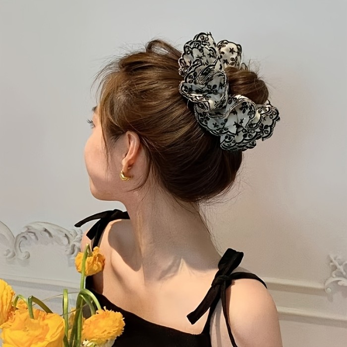 1pc Women's Multi-Layered Lace Fabric Large Hair Tie\u002FElegant Black and White Floral Embroidery High-End Hair Accessory\u002FFashionable Back-of-Head Bun and Ponytail Hairstyle Design Accessory\u002FSuitable for Outdoor Daily Wear, Parties, and Travel