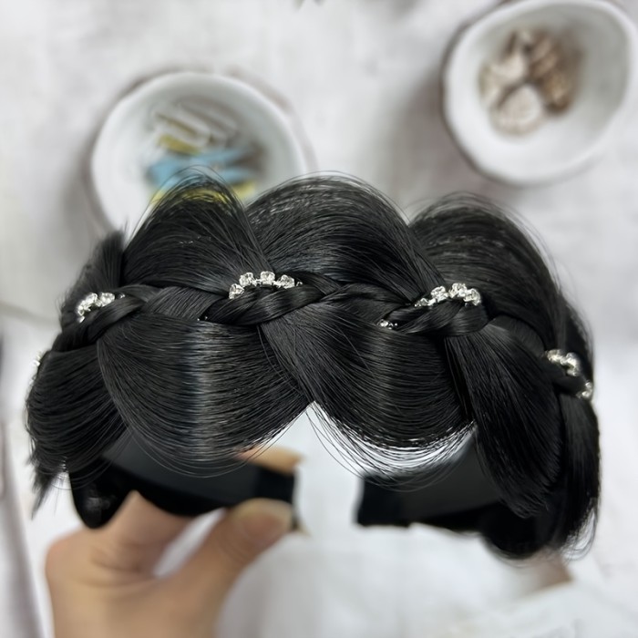 Rhinestone Fishbone Braids Hairband for Women, Non-Slip Elevating Headband, Fashionable Hair Accessory, High Cranial Top Holder, Trendy Hair Extension