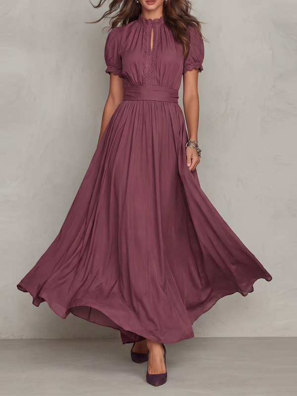 Solid Color Pleated Buttoned Short Sleeves Plus Size Round-neck Maxi Dresses