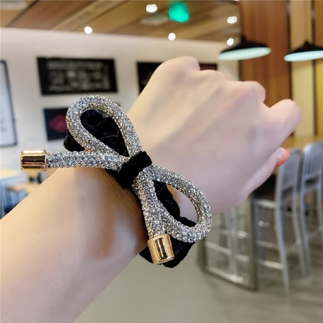 1pc of Fashionable Bow Super Flash Rhinestone Women'S Hair Tie Retro Velvet Versatile Hair Additions Hair Rope