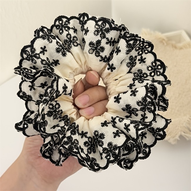 1pc Women's Multi-Layered Lace Fabric Large Hair Tie\u002FElegant Black and White Floral Embroidery High-End Hair Accessory\u002FFashionable Back-of-Head Bun and Ponytail Hairstyle Design Accessory\u002FSuitable for Outdoor Daily Wear, Parties, and Travel