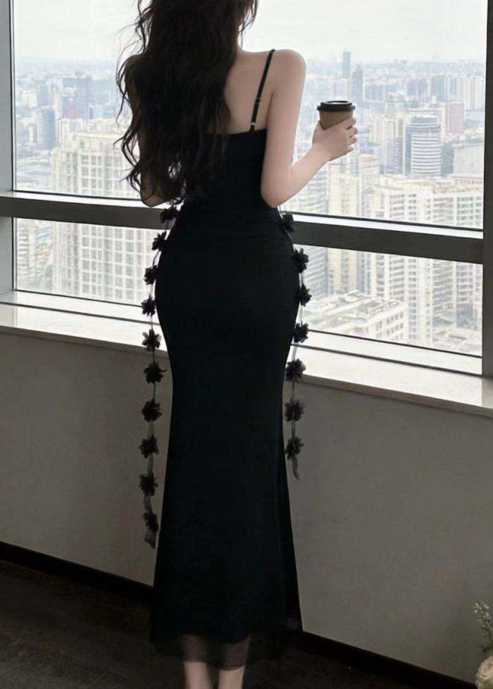 Black Patchwork Tassel Maxi Spaghetti Strap Dress Sleeveless