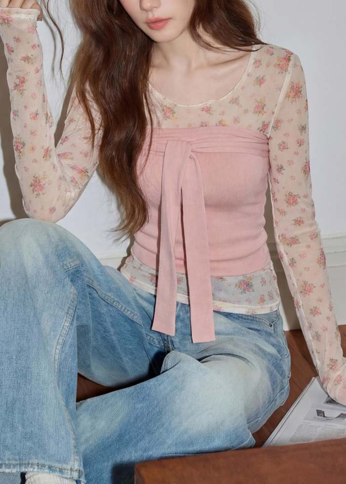 Cute Pink O-Neck Print Tie Waist Top Two Piece Set Long Sleeve
