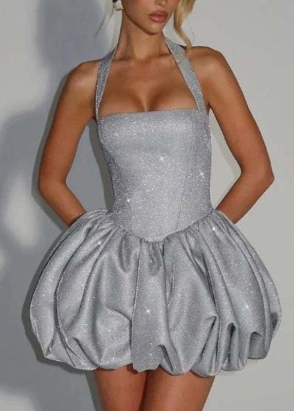 Fitted Silver Patchwork Tie Waist Mini Dress Sleeveless