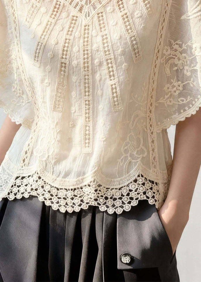 Jacquard Apricot V Neck Hollow Out Top Short Sleeve