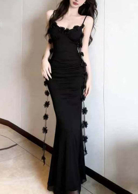 Black Patchwork Tassel Maxi Spaghetti Strap Dress Sleeveless