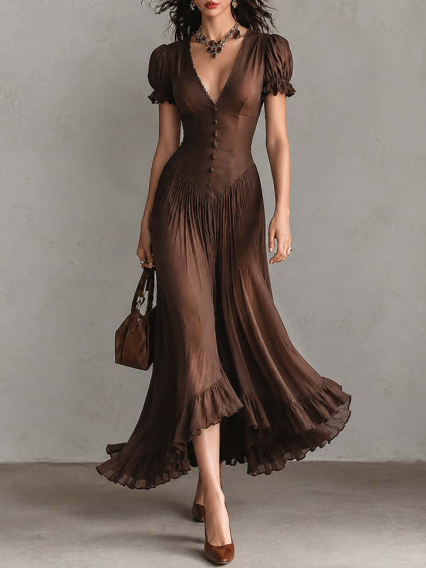 Brown Elegant Puff-sleeve Ruffled Hem Maxi Dress
