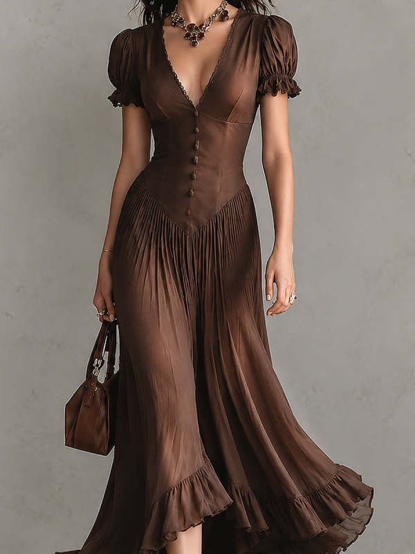 Brown Elegant Puff-sleeve Ruffled Hem Maxi Dress
