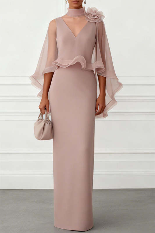 3D Floral Mesh Mock Neck Half Cape Sleeve Gown Maxi Dress