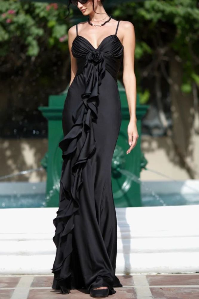 Fitted Floral Ribbon Satin Maxi Dress