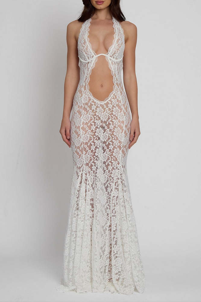 Floral Lace Cutout See Through Halter Mermaid Maxi Dress