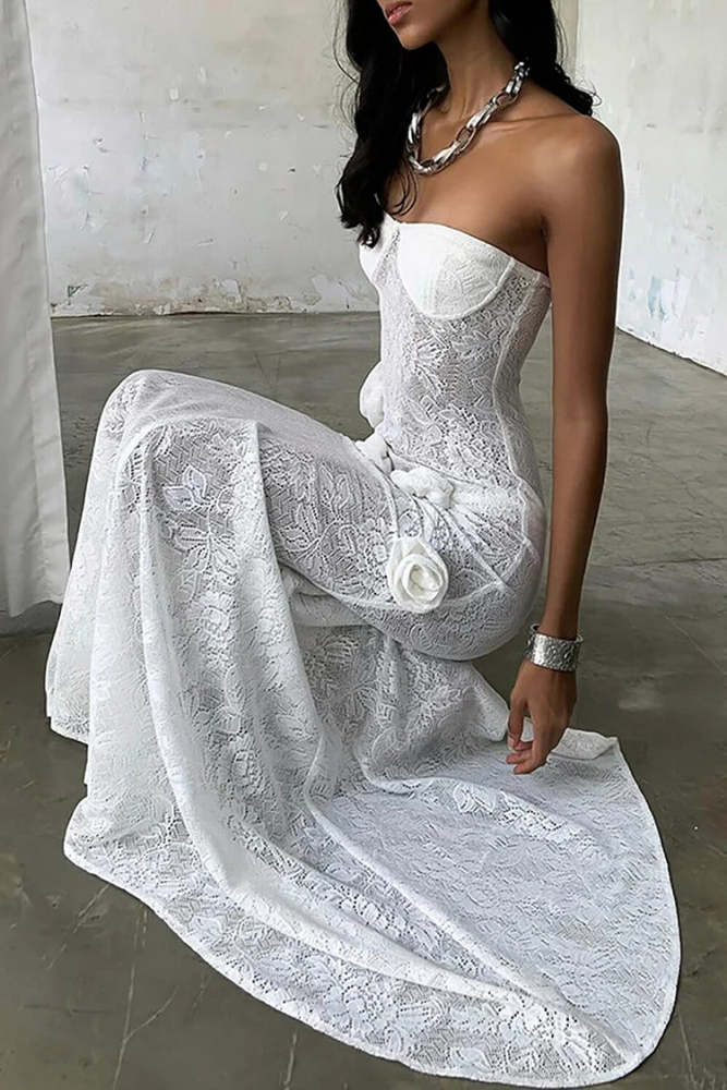 3D Flower Decor Lace Fishtail Hem See Through Strapless Maxi Dress