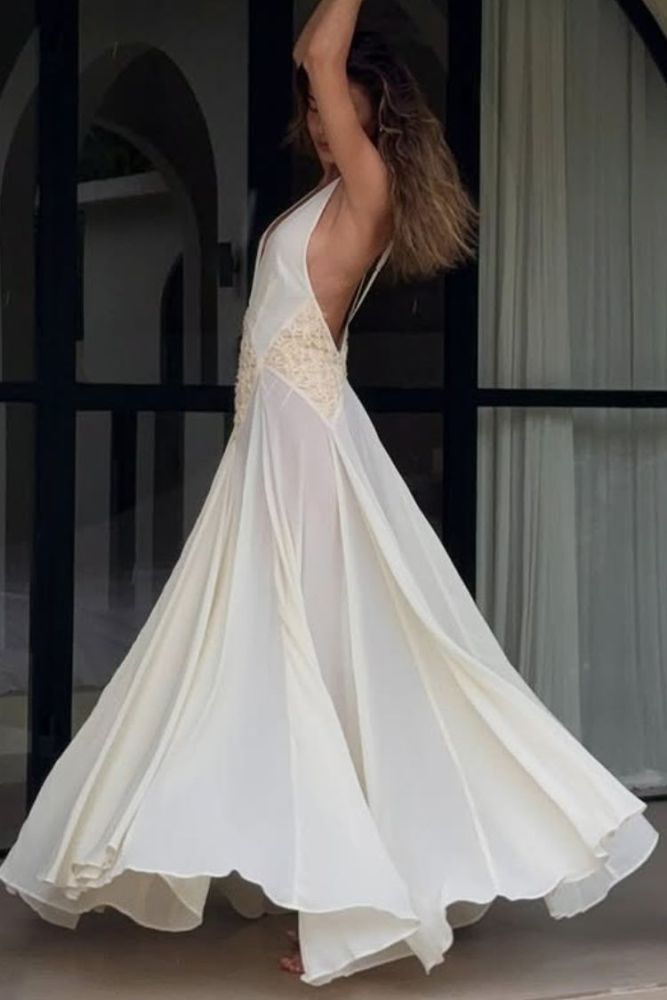 Venus By The Sea Tulle Lace Patchwork Backless Flowy Maxi Dress