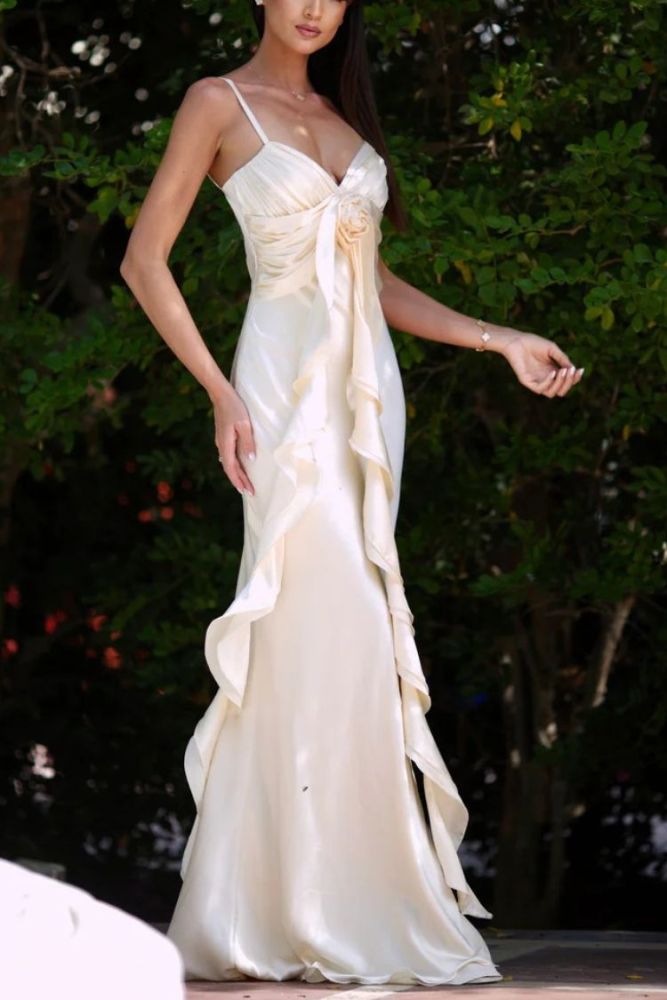 Fitted Floral Ribbon Satin Maxi Dress