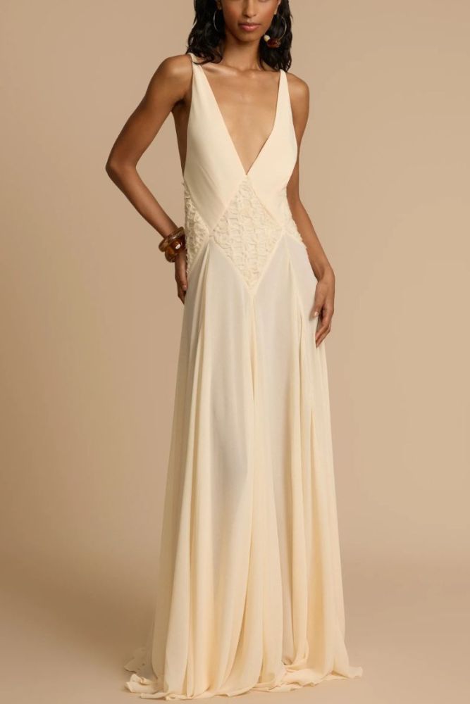 Venus By The Sea Tulle Lace Patchwork Backless Flowy Maxi Dress