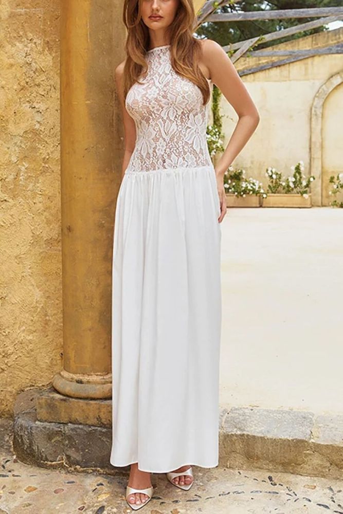 Floral Lace Patchwork Cinch Waist Sleeveless Maxi Dress