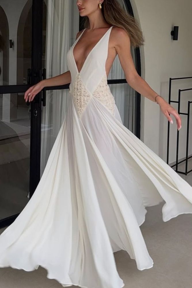Venus By The Sea Tulle Lace Patchwork Backless Flowy Maxi Dress