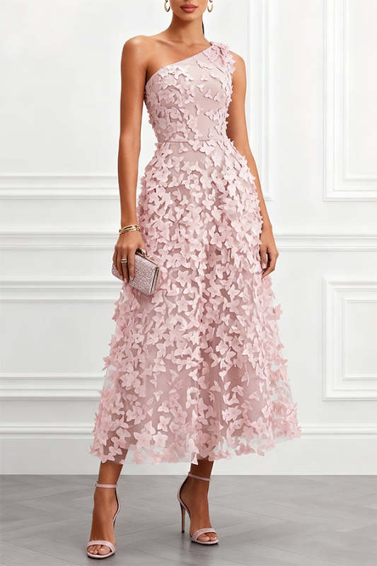 Lynelle Tulle 3D Floral Butterfly One Shoulder Sleeveless A-Line Midi Dress