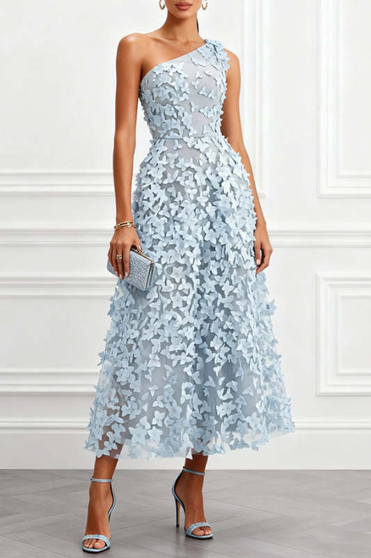 Lynelle Tulle 3D Floral Butterfly One Shoulder Sleeveless A-Line Midi Dress