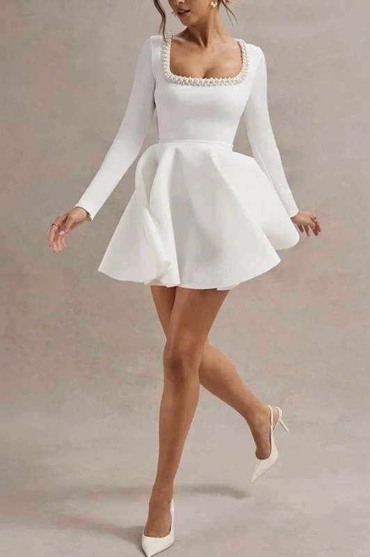 Playful Elegance Pearl Embellished Trim Long Sleeve Pleated Mini Dress