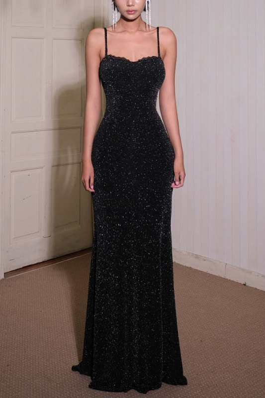 Glitter Lace Halter Backless Slim-fit Maxi Dress