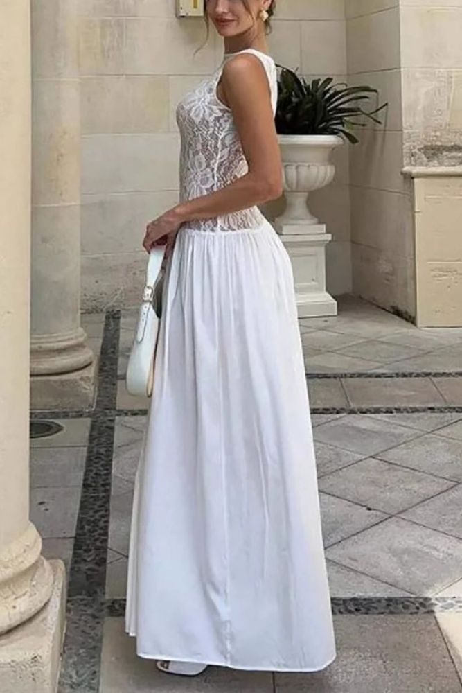 Floral Lace Patchwork Cinch Waist Sleeveless Maxi Dress