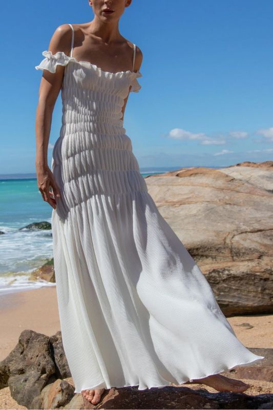 Solid Color Suspender Pleated Holiday Maxi Dress