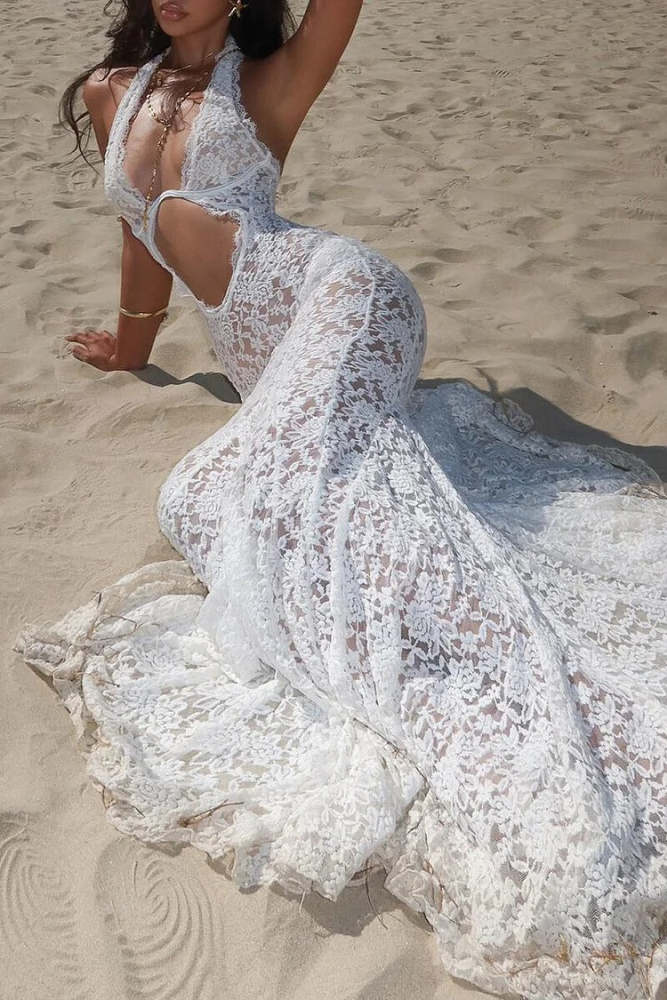 Floral Lace Cutout See Through Halter Mermaid Maxi Dress