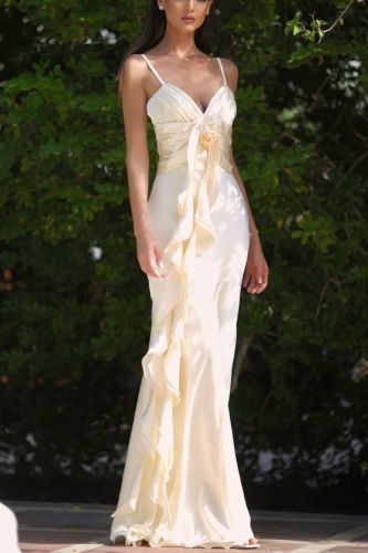 Fitted Floral Ribbon Satin Maxi Dress
