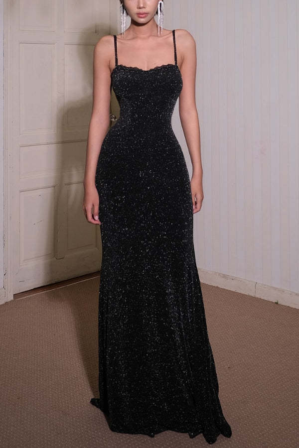 Glitter Lace Halter Backless Slim-fit Maxi Dress