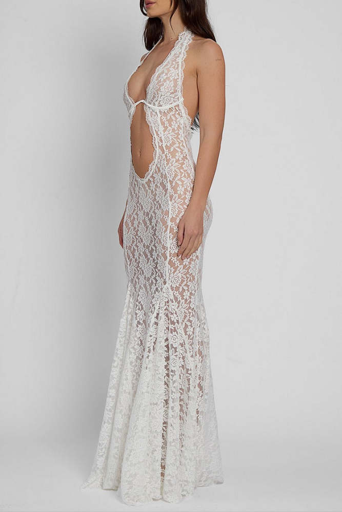 Floral Lace Cutout See Through Halter Mermaid Maxi Dress