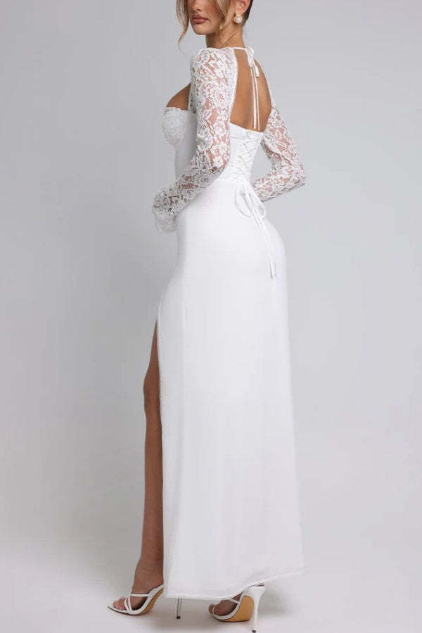 Slim Fit Lace Long Sleeve Spliced Dress Slit Maxi Dress