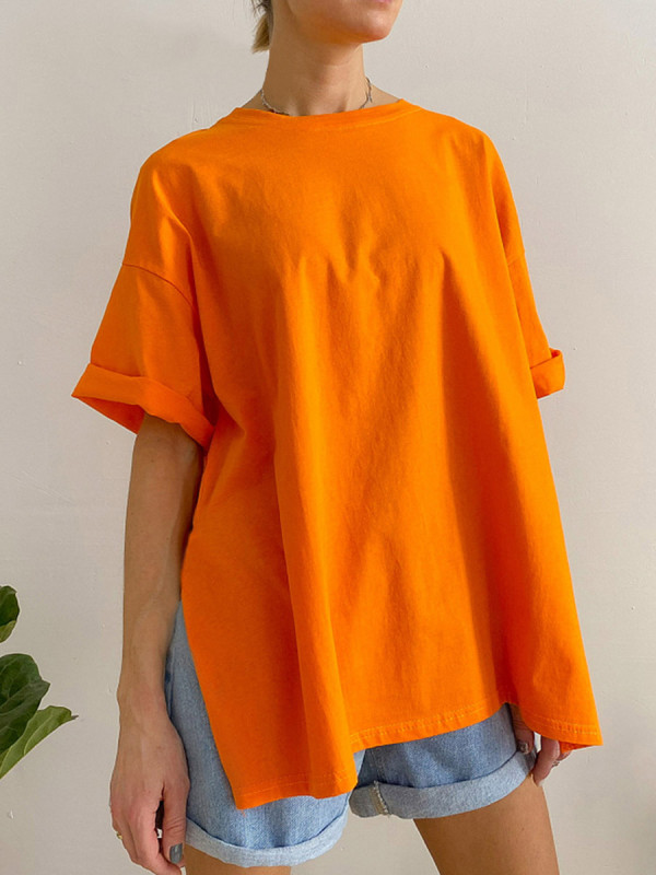 Split-side Solid Color Short Sleeves Loose Round-neck T-Shirts Tops