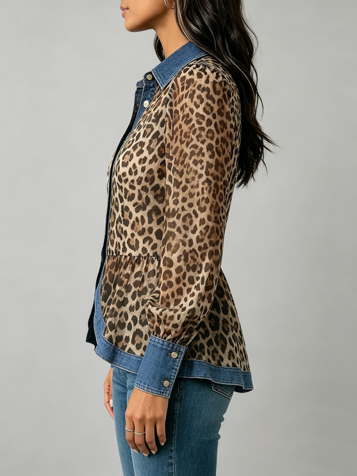 Long Sleeves Puff Sleeves Buttoned Contrast Color Leopard Pleated Split-Joint Lapel Blouses&Shirts Tops