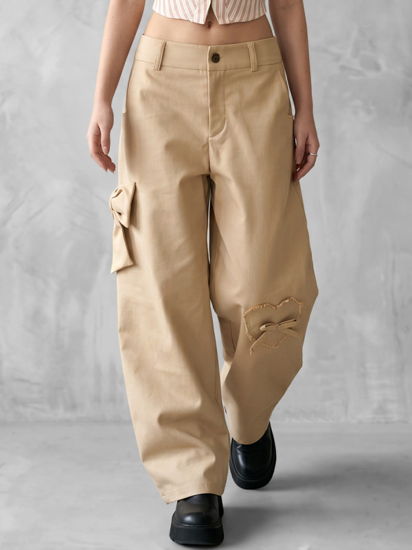 Zipper Split-Joint Solid Color Pockets Buttoned Bowknot Wide Leg Loose Trousers Pants