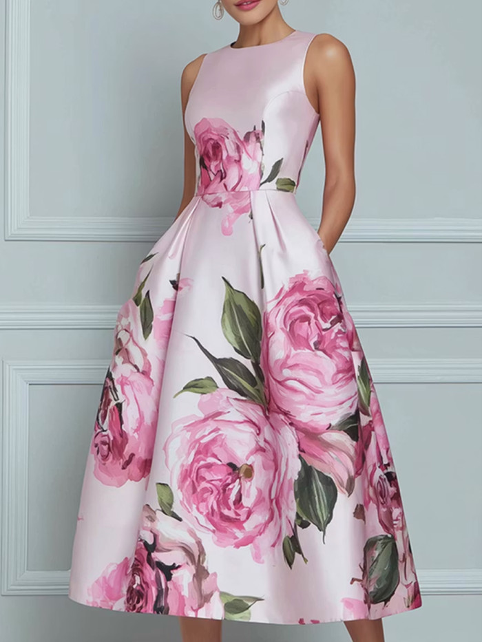 Zipper Pockets Pleated Flower Print Contrast Color Sleeveless High Waisted Round-Neck Midi Dresses