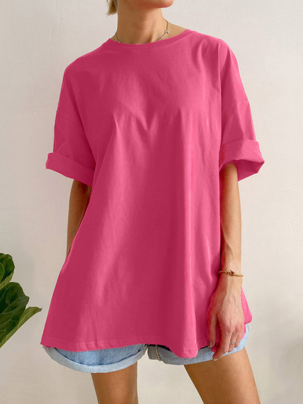 Split-side Solid Color Short Sleeves Loose Round-neck T-Shirts Tops