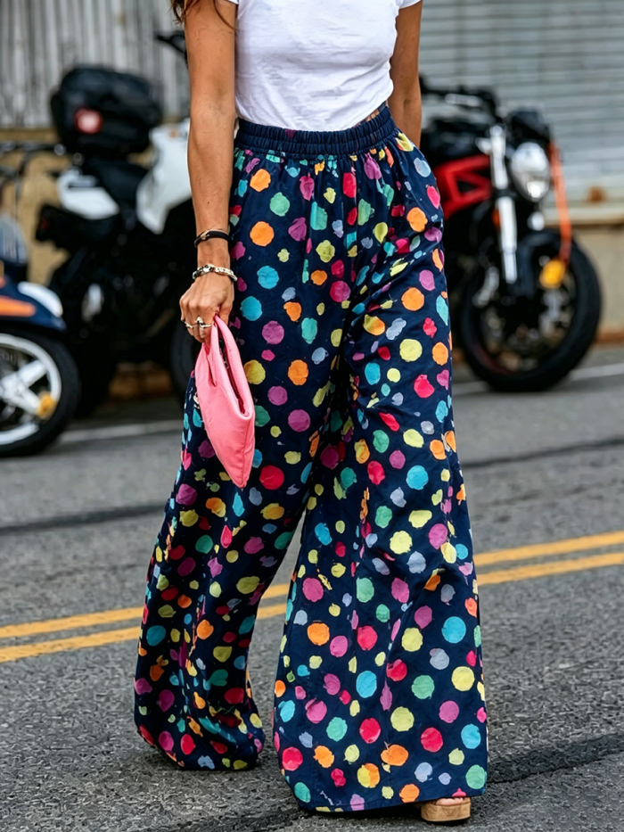 Polka Dot Pockets Elasticity Contrast Color Wide Leg High Waisted Trousers Pants