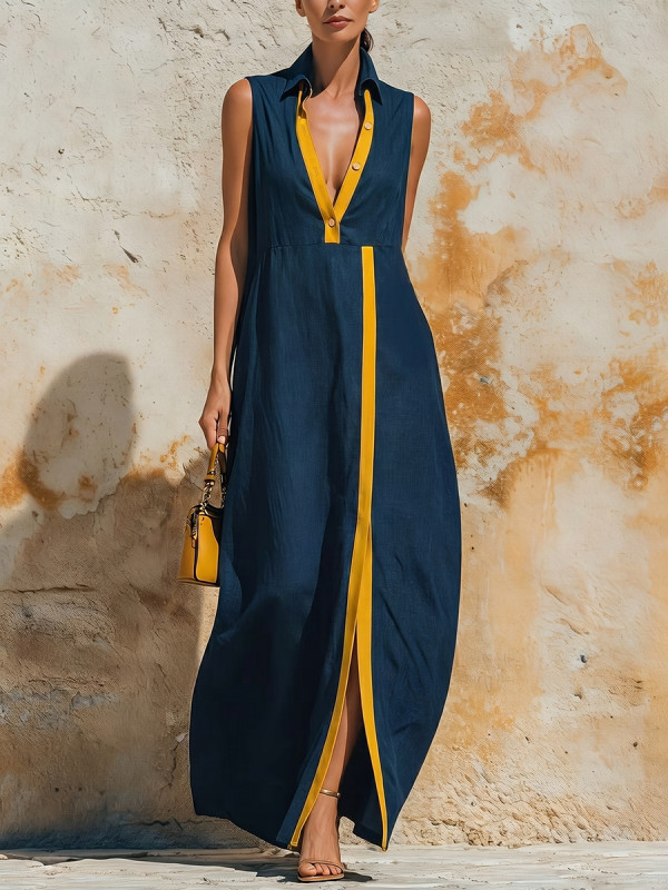 Zipper Split-Front Contrast Color Buttoned Sleeveless Loose Lapel Maxi Dresses