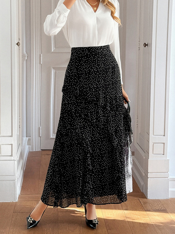 Split-Joint Ruffled Polka-Dot Layered Contrast Color High Waisted A-Line Skirts Bottoms