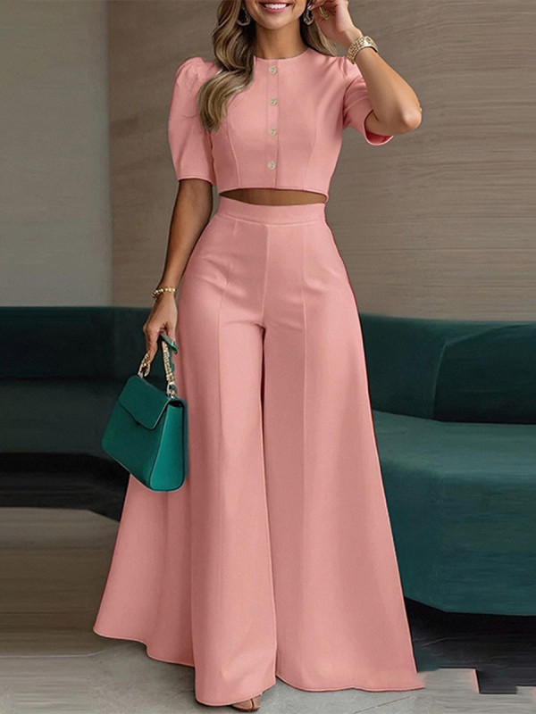 Solid Color Buttoned Wide Leg Short Sleeves Round-Neck Blouses Top + Pants Bottom Two Pieces Set