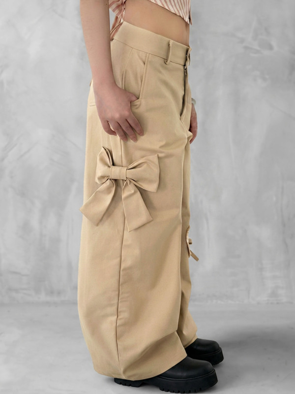 Zipper Split-Joint Solid Color Pockets Buttoned Bowknot Wide Leg Loose Trousers Pants